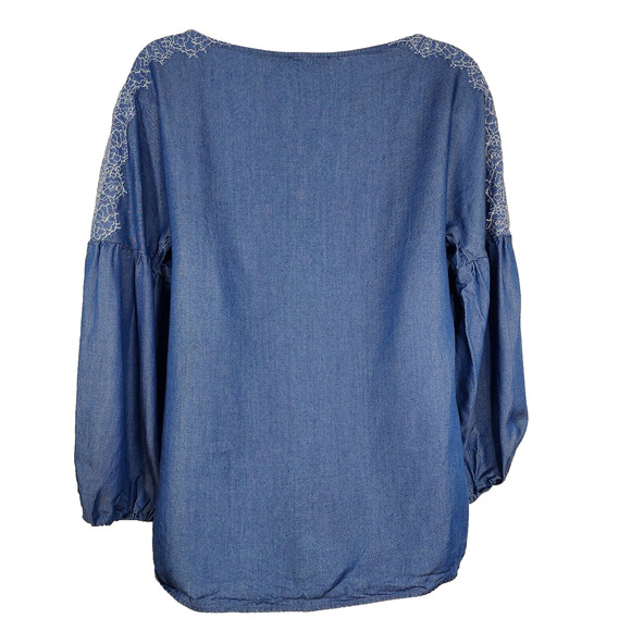 Massimo Dutti Womens Top Size 4 Embroidered Blue Chambray Peasant Balloon Sleeve - Picture 2 of 12